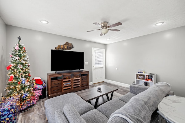 living room with hardwood / wood-style flooring and ceiling fan