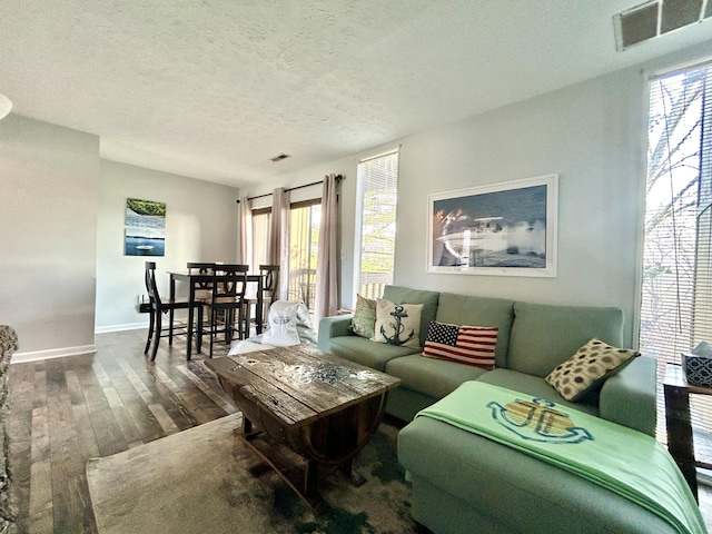 living room with hardwood / wood-style flooring and a textured ceiling