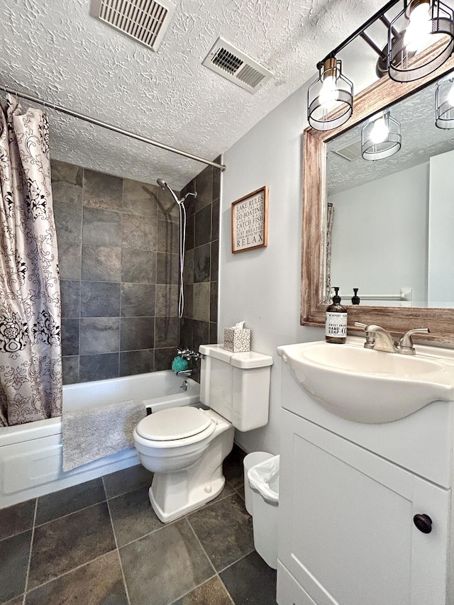 full bathroom with a textured ceiling, vanity, toilet, and shower / bathtub combination with curtain