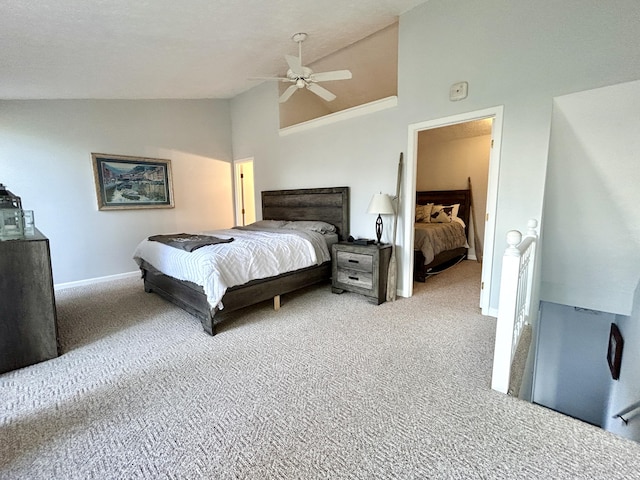 bedroom with light carpet, high vaulted ceiling, and ceiling fan