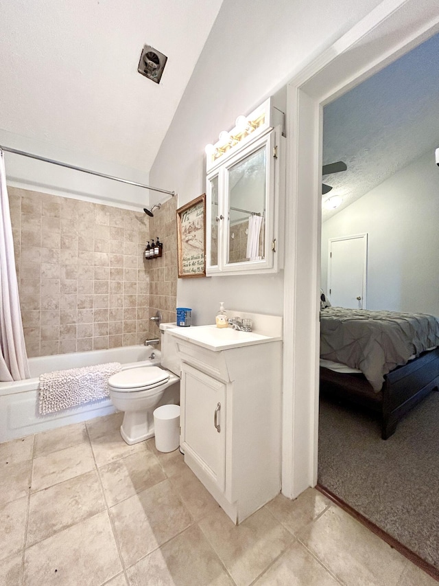 full bathroom with shower / bath combo, toilet, vanity, and vaulted ceiling