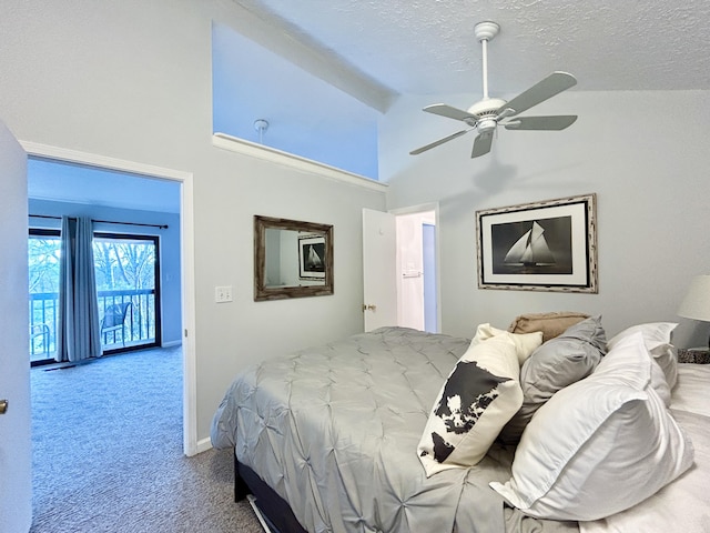 carpeted bedroom with ceiling fan, access to exterior, a textured ceiling, and high vaulted ceiling