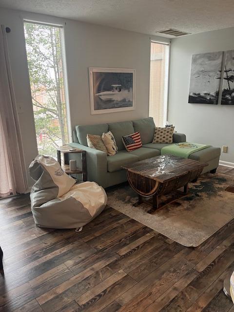 living room featuring dark hardwood / wood-style flooring and a textured ceiling