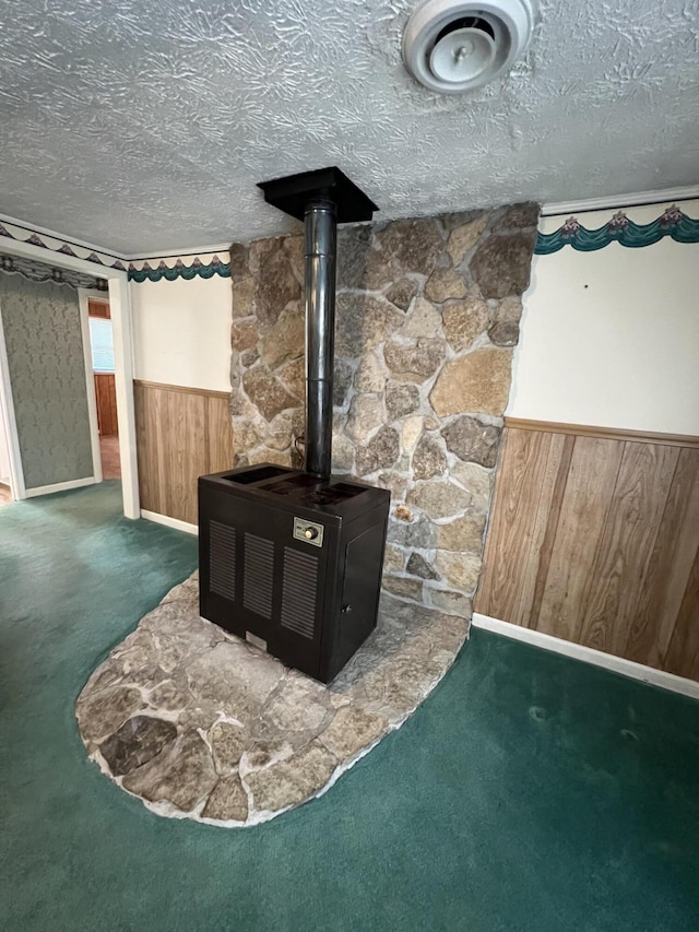 room details featuring carpet flooring, wood walls, and a textured ceiling