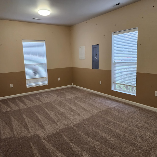 spare room with carpet floors and electric panel