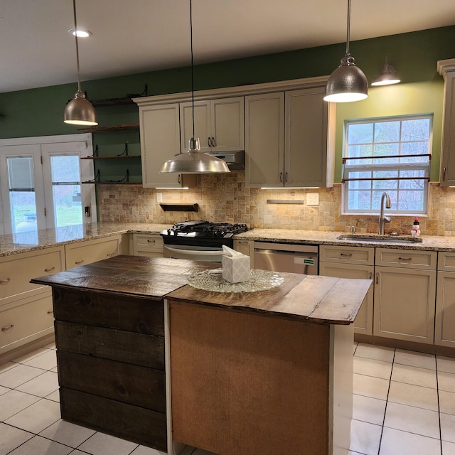 kitchen featuring a wealth of natural light, stainless steel dishwasher, hanging light fixtures, and sink