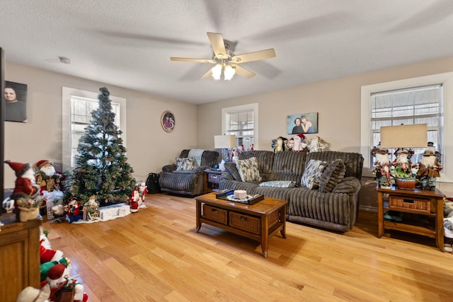 living room featuring ceiling fan, light hardwood / wood-style flooring, and a textured ceiling