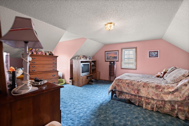 bedroom featuring carpet floors, a textured ceiling, and vaulted ceiling