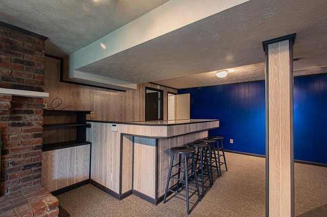 bar featuring wood walls, carpet floors, and a textured ceiling