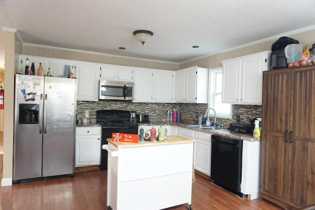 kitchen featuring a center island, dark wood-type flooring, black appliances, white cabinets, and sink