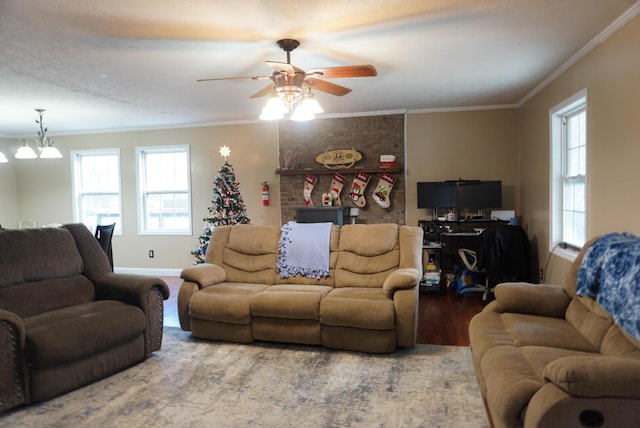 living room with wood-type flooring, ceiling fan with notable chandelier, and crown molding