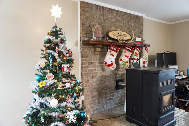 details featuring a wood stove and crown molding