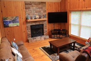 living room featuring hardwood / wood-style flooring, a stone fireplace, and wooden walls