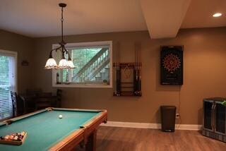 playroom featuring hardwood / wood-style floors and billiards