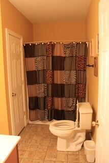 bathroom with a shower with curtain, vanity, and toilet