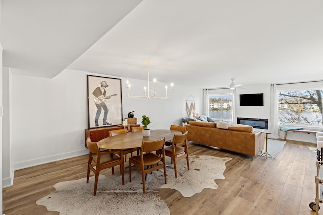 dining space featuring light hardwood / wood-style flooring and ceiling fan with notable chandelier