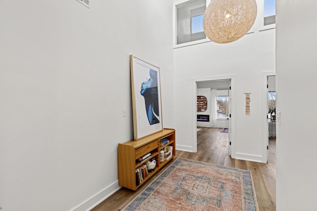 hall featuring a towering ceiling and hardwood / wood-style flooring