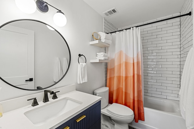 full bathroom featuring vanity, shower / bathtub combination with curtain, and toilet