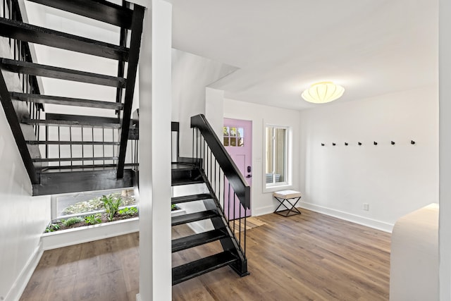 stairway with hardwood / wood-style floors