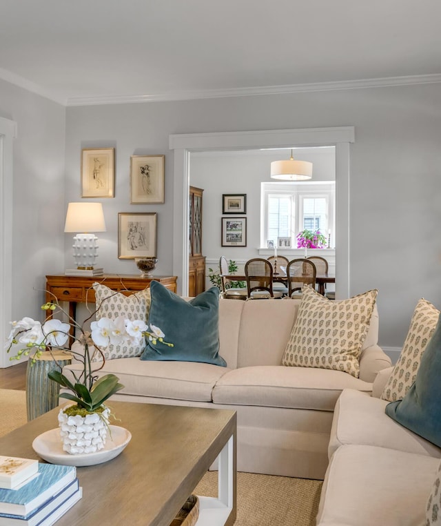 living room featuring crown molding