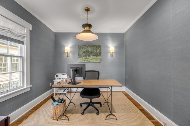 office space with crown molding and hardwood / wood-style floors