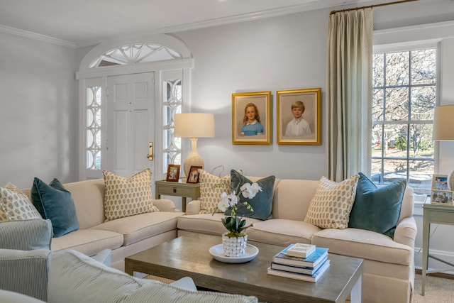 living room with ornamental molding