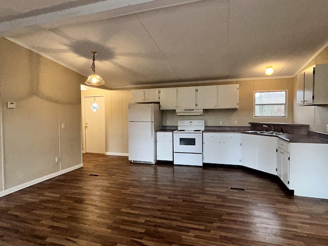 kitchen with white cabinets, dark hardwood / wood-style floors, and white appliances