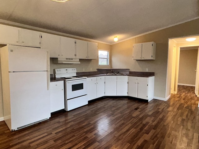 kitchen with white appliances, white cabinets, ventilation hood, dark hardwood / wood-style floors, and ornamental molding