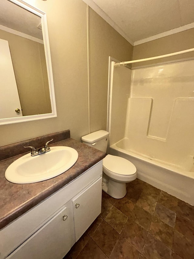 full bathroom with tub / shower combination, a textured ceiling, toilet, vanity, and ornamental molding