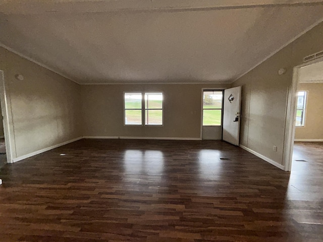 spare room with dark hardwood / wood-style flooring and lofted ceiling