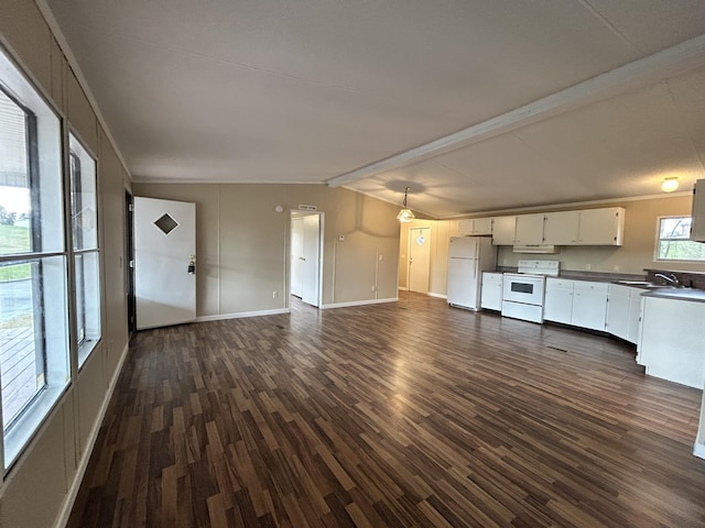 kitchen with vaulted ceiling with beams, dark hardwood / wood-style flooring, white cabinets, and white appliances