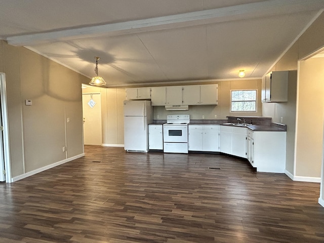 kitchen with white appliances, extractor fan, decorative light fixtures, white cabinets, and dark hardwood / wood-style floors