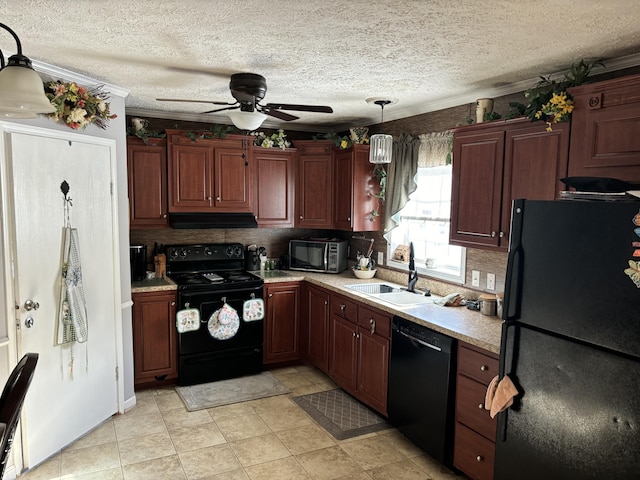 kitchen featuring ceiling fan, decorative light fixtures, a textured ceiling, black appliances, and sink