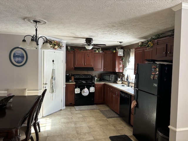 kitchen with pendant lighting, black appliances, sink, a textured ceiling, and ceiling fan with notable chandelier