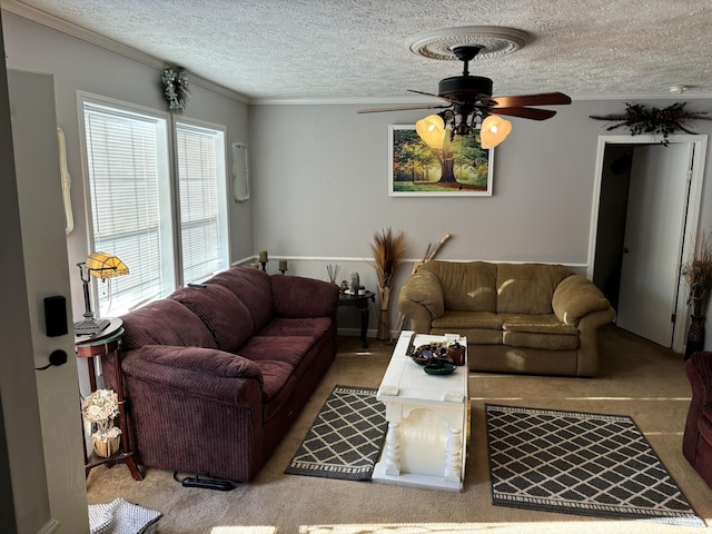 carpeted living room featuring ceiling fan, a textured ceiling, and ornamental molding