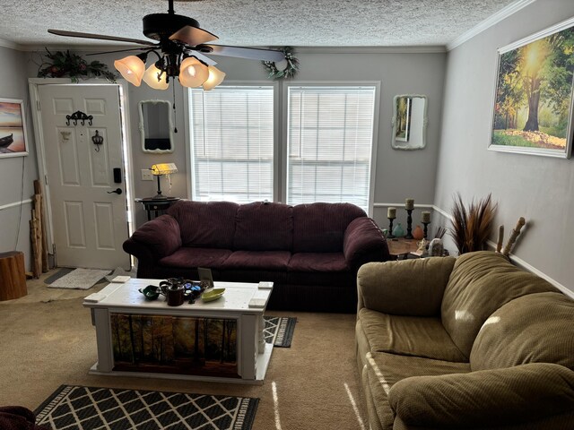 carpeted living room featuring ceiling fan, a wealth of natural light, ornamental molding, and a textured ceiling