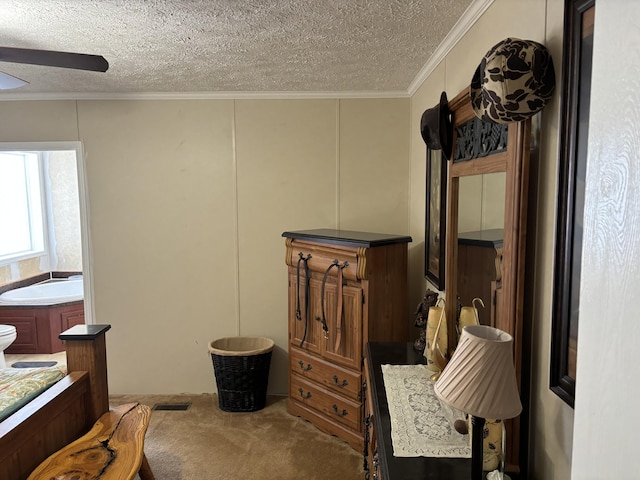 living area featuring ceiling fan, a textured ceiling, ornamental molding, and carpet flooring