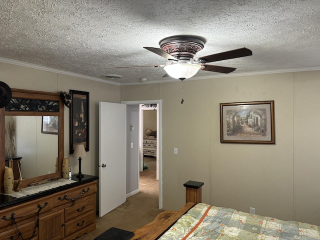 bedroom featuring ceiling fan, light colored carpet, ornamental molding, and a textured ceiling