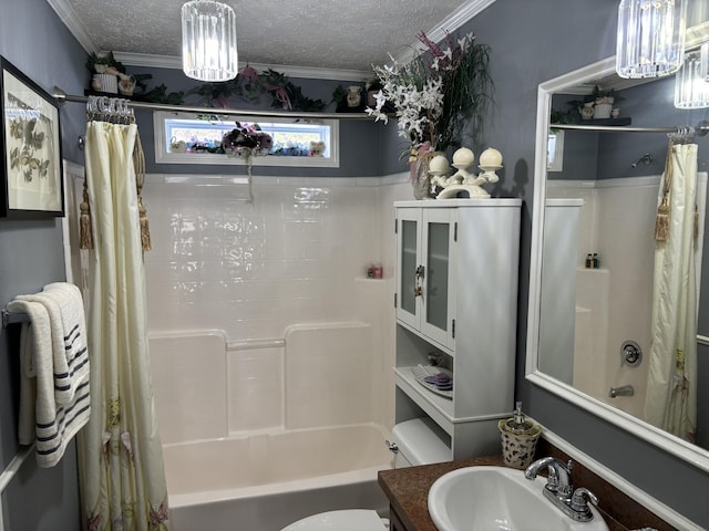 full bathroom with a textured ceiling, toilet, vanity, and crown molding