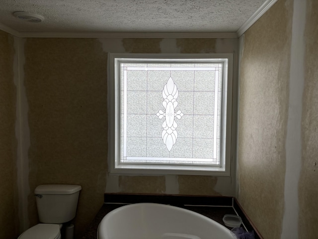 bathroom featuring a wealth of natural light, ornamental molding, and a washtub