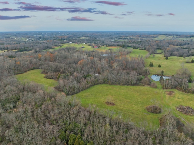 aerial view at dusk with a water view and a rural view