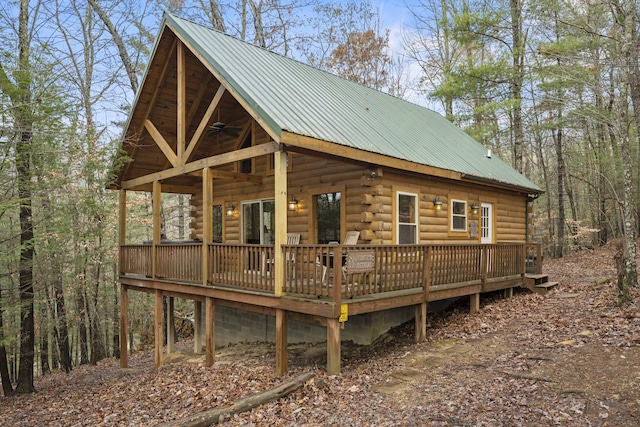 559 Eagle Ridge Rd, Campton, KY 41301 - view of front of house with a metal roof, a ceiling fan, a deck, and log siding