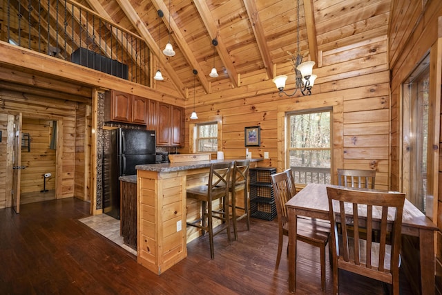 559 Eagle Ridge Rd, Campton, KY 41301 - kitchen with a wooden ceiling with exposed beams, plenty of natural light, high vaulted ceiling, dark wood-style flooring, and wood walls