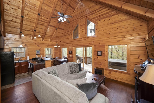 559 Eagle Ridge Rd, Campton, KY 41301 - living area featuring dark wood-style floors, wood walls, high vaulted ceiling, a wood ceiling with exposed beams, and a ceiling fan