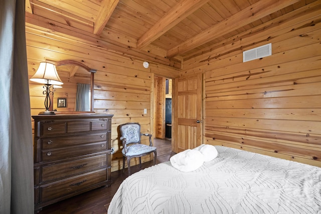 bedroom featuring beamed ceiling, dark hardwood / wood-style floors, wooden ceiling, and wooden walls