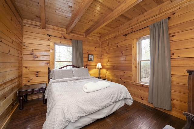 559 Eagle Ridge Rd, Campton, KY 41301 - bedroom with wooden walls, a wooden ceiling with exposed beams, and dark wood finished floors