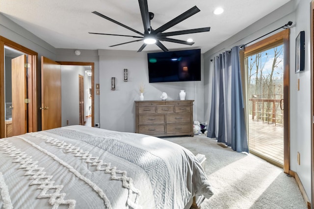 carpeted bedroom featuring access to outside and ceiling fan