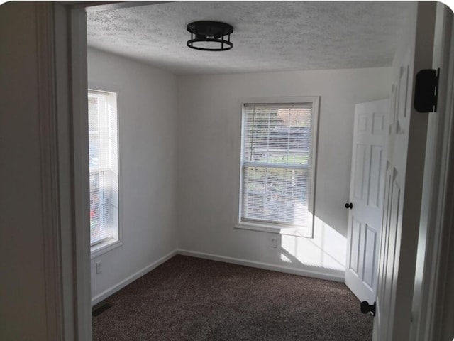 spare room with baseboards, carpet, and a textured ceiling
