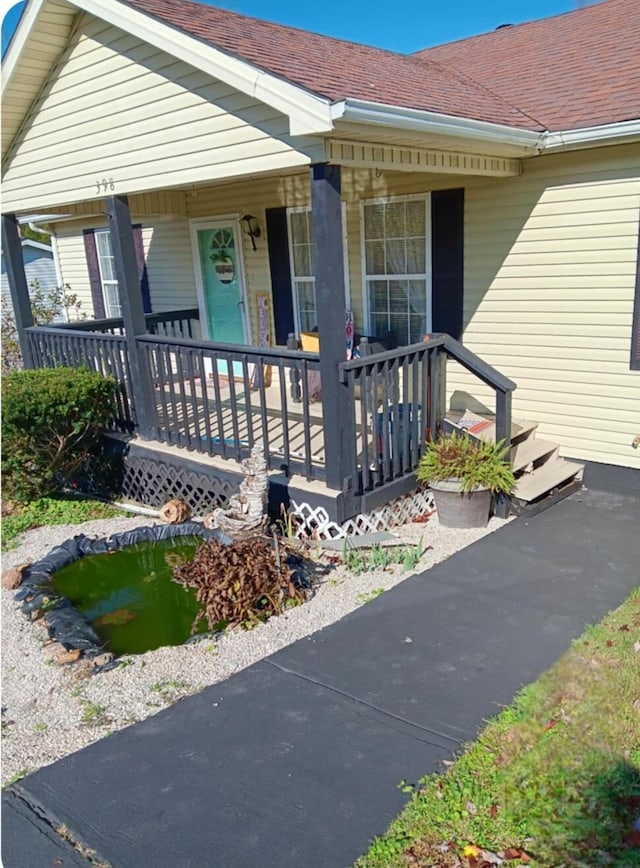 view of front of house with covered porch and a shingled roof