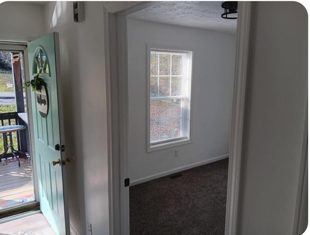 hall featuring carpet flooring and a textured ceiling